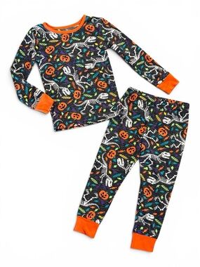 Tahari Black Halloween Skeleton & Pumpkin Kids Pajama Set with Orange Trim